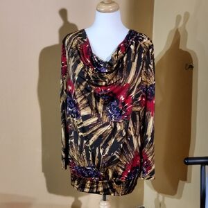 Dana Buchman Red and Gold Patterned Cowl Neck Blouse
